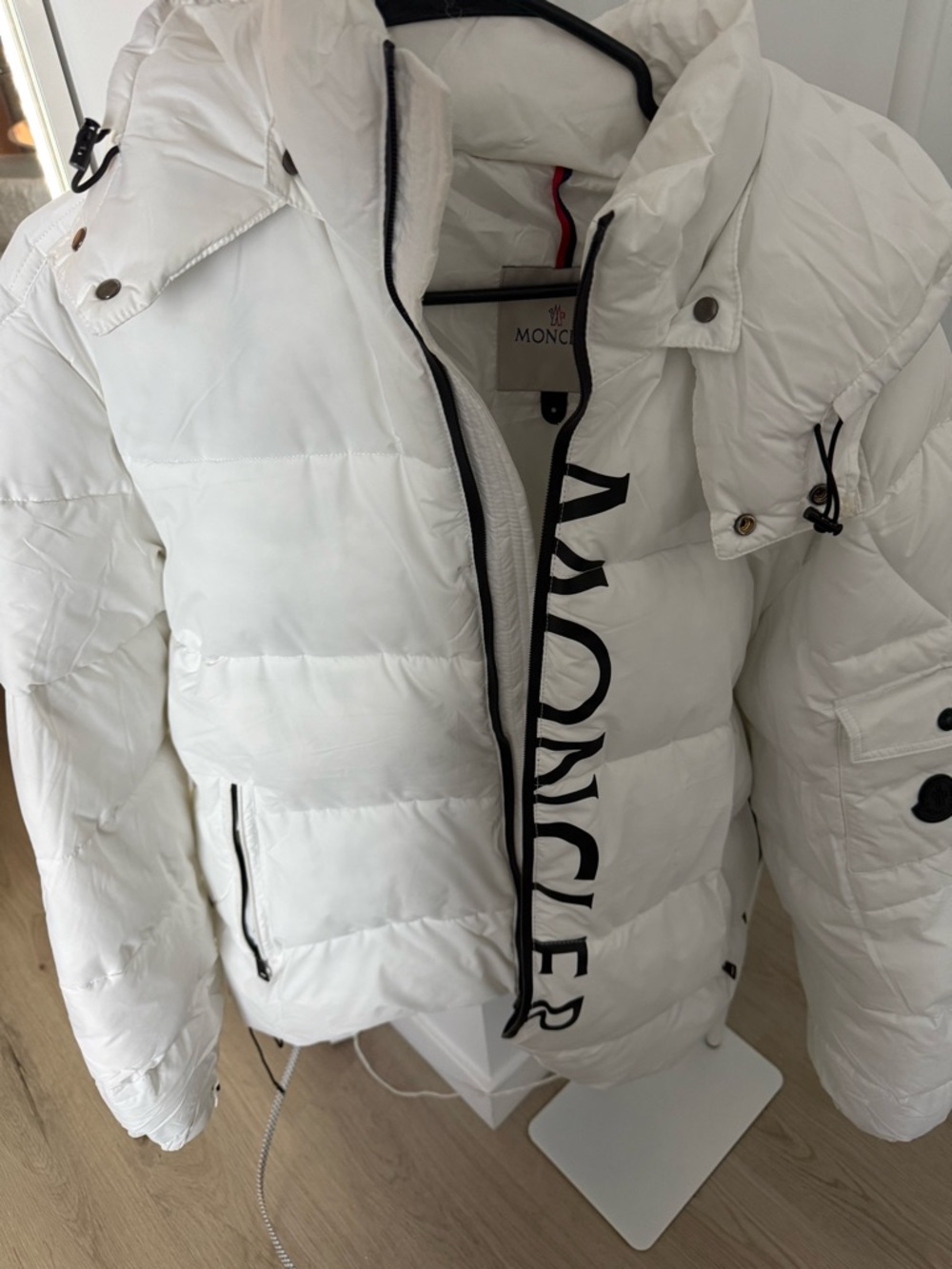 Moncler White Quilted Down Puffer Jacket with Black Trim
